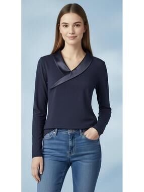 TEMPERLEY LONDON Navy Blue Satin Collar Long Sleeves Asymmetric Top-Size Medium